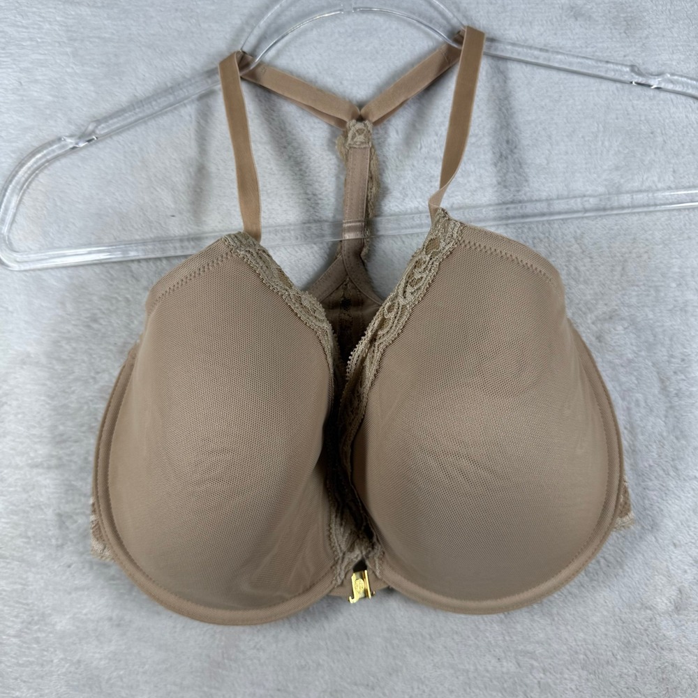 Natori Feathers Front Close T-Back Bra 34DDD Cafe Beige Lace 735023